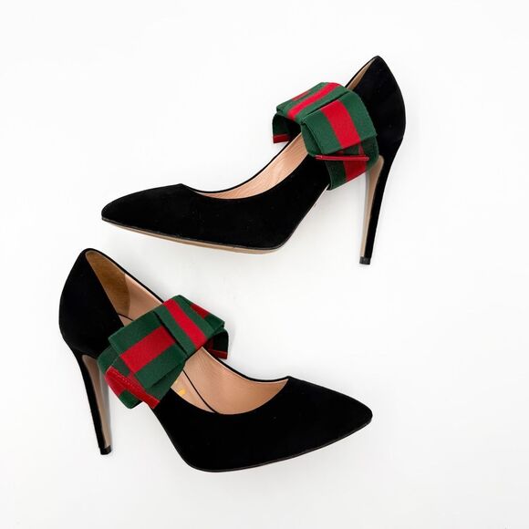 Gucci Heels Web Stripe Bow Black Suede Pumps Heels EU 37.5 US 7.5 - Picture 6 of 14